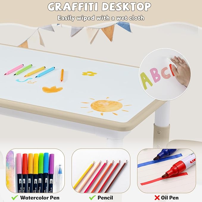 Adjustable Kids Table Chairs Set – Graffiti Desktop, Multi-Activity Height-Adjustable Toddler Study Desk for Ages 3-8 – Ideal for Home, Classroom, Daycare (B-Wood, 4 Chairs-47.2" L x 23.6" W)
