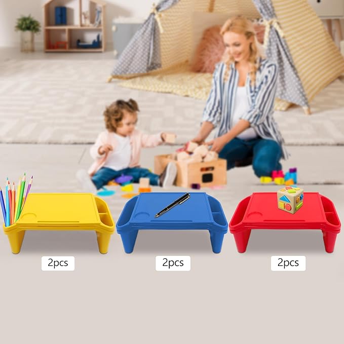 Set of 6 Kids Lap Desk Tray, Portable Activity Table, Plastic, Stackable for Drawing, Writing, Eating, Classroom, 19.69" L x 9.84" W x 7.09" H (Red, Blue, Yellow)