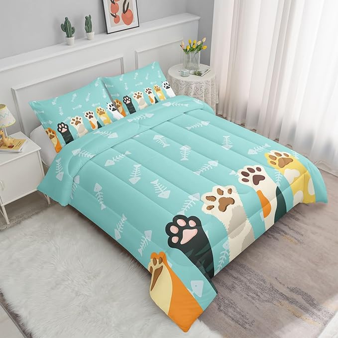 Cat Paws Comforter Bedding Set for Kids Teens,Cartoon Cat Paws and Fish Bones Pattern Lightweight Cyan Comforter with 2 Pillowcases,3pcs(Cat Paws Full)