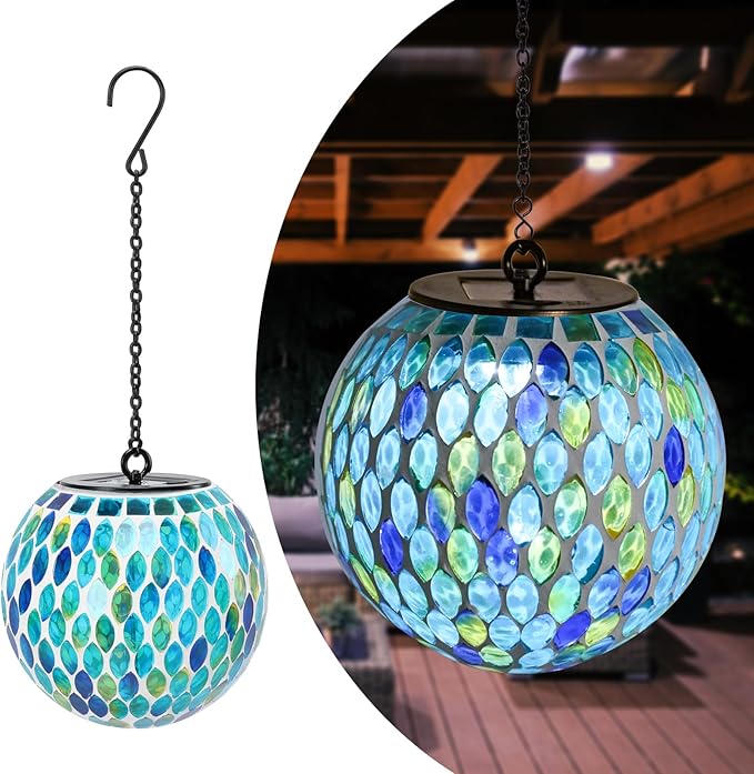 Solar Lanterns Outdoor Waterproof Hanging Solar Mosaic Lantern Outdoor Hanging Lights Waterproof Garden Patio Pathway Yard Décor Green