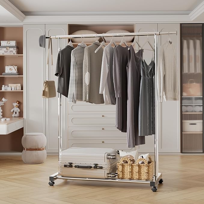 Clothing Rack for Hanging Clothes, Stainless Steels Rolling Clothes Rack, Coat Rack, Garment Rack, Portable Closet Rack, Free Standing Clothes Rack with Wheels, Adjustable Length