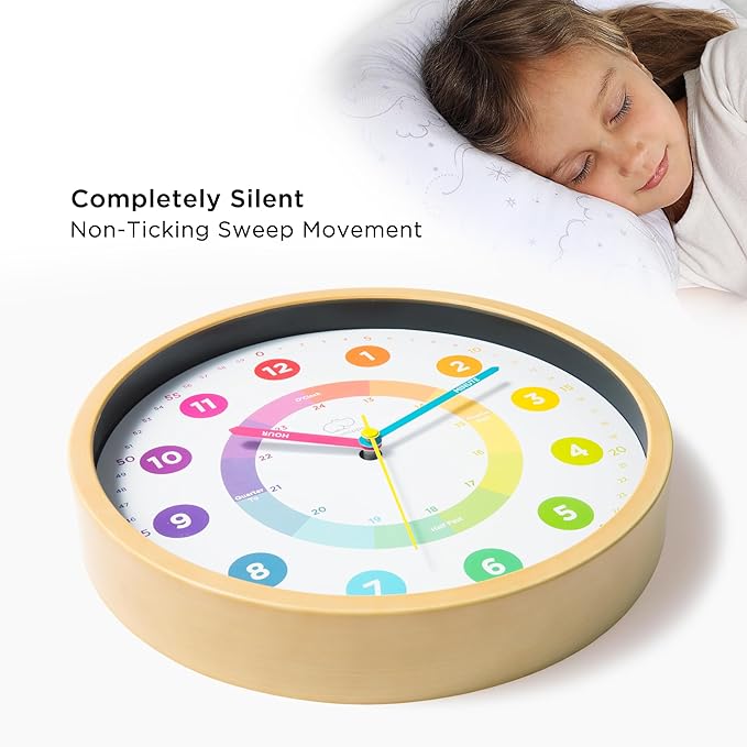 LittleHippo Learning Wall Clock for Kids for Classroom, Bedrooms, Nursery, Playroom - Kid's Analog, Silent, Non-Ticking Clock for Teaching to Tell Time, Study to Learn to Tell Time