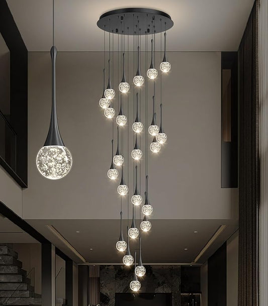 24 Light Modern Glam Crystal Chandelier for High Ceiling LED Dimmable Ceiling Pendant Light Staircase Foyer Enterway Living Room Chandelier Lighting Antique Black
