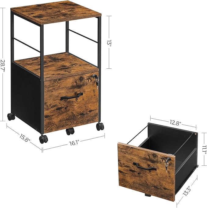VASAGLE 1 Drawer File Cabinet with Lock, Printer Stand, Office Filing Cabinet Organizer, for A4 and Letter Size Documents, Rustic Brown and Black UOFC044B01