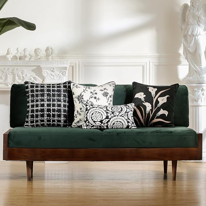 Black Throw Pillow Covers Set of 4,Elegant French with White Floral Pattern Throw Pillow Cases,Decorative Square Lumbar Pillows for Couch Sofa Bed Chair Cushion Covers Living Room