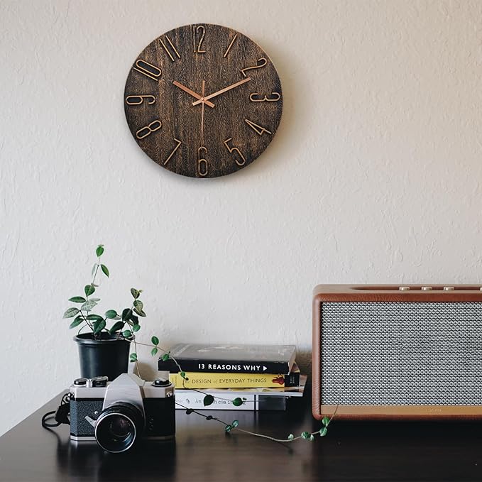 Wall Clock Battery Powered 12 inch Silent Wall Clock, Exquisite Modern Style Decorative Clock, Suitable for Home, Office, School, Kitchen, Bedroom, Living Room (Brown)