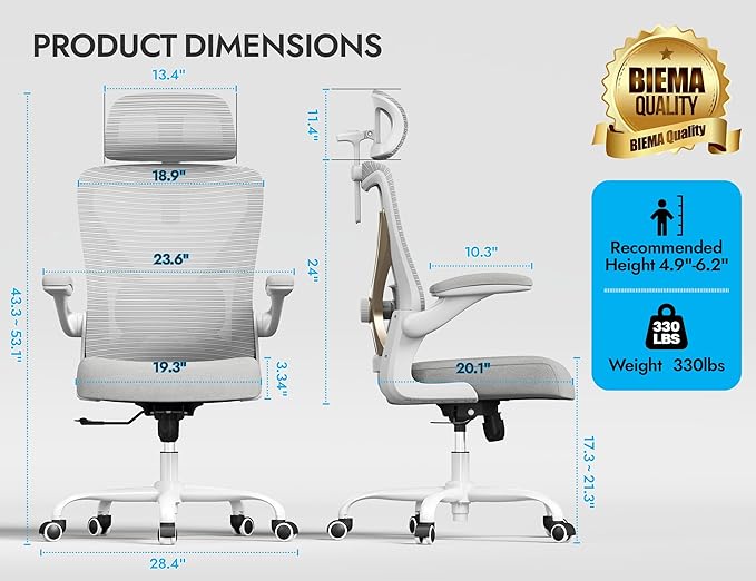 Ergonomic Office Chair - X-Shaped Computer Desk Chair Comfy, Gaming Chair, Office Chair with Lumbar Support, Mesh Office Chairs with Headrests, Desk Chair for Long Hours (Grey Gold)