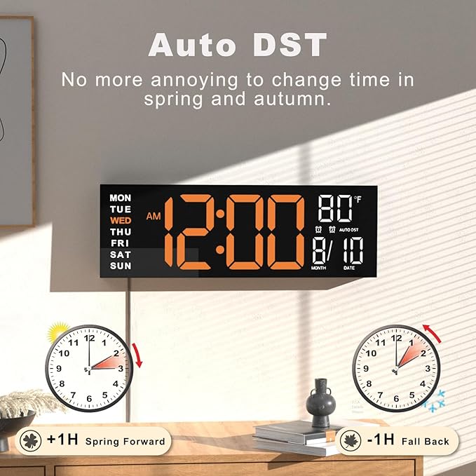 JALL 16" Large Digital Wall Mount Clock, Count Down Timer, Alarm, Big LED, RGB Color, DST, Temperature for Living Room Classroom Desk, Xmas, Birthday Gift for Senior Mom Dad (Orange White, 16 inches)