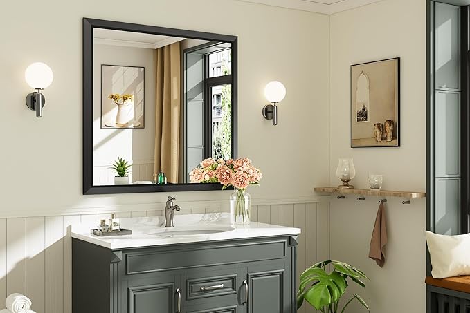 40x38 Inch Black Bathroom Mirror for Wall, Thick Metal Framed Rectangle Mirrors for Over Sink, Bedroom, Living Room, Entryway, Anti-Rust, HD Tempered Glass