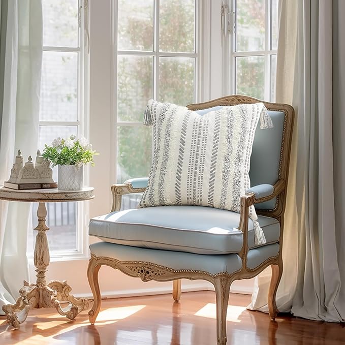 decorUhome Decorative Boho Throw Pillow Cover 20x20, Accent Neutral Textured Tufted Pillow Cover Striped for Couch Bed Sofa, Grey and Cream White, Pack of 1