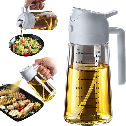 TrendPlain 16oz/470ml Glass Olive Oil Sprayer for Cooking – 2 in 1 Olive Oil Dispenser Bottle for Kitchen Gadgets and Air Fryer Accessories, Salad, BBQ - Ash