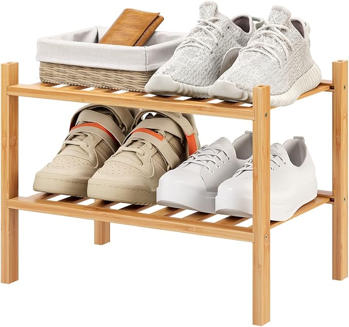 Small Shoe Rack, 2-Tier Bamboo Stackable Shoe Shelf Storage Organizer, Shoe Stand for Closet, Entryway and Hallway