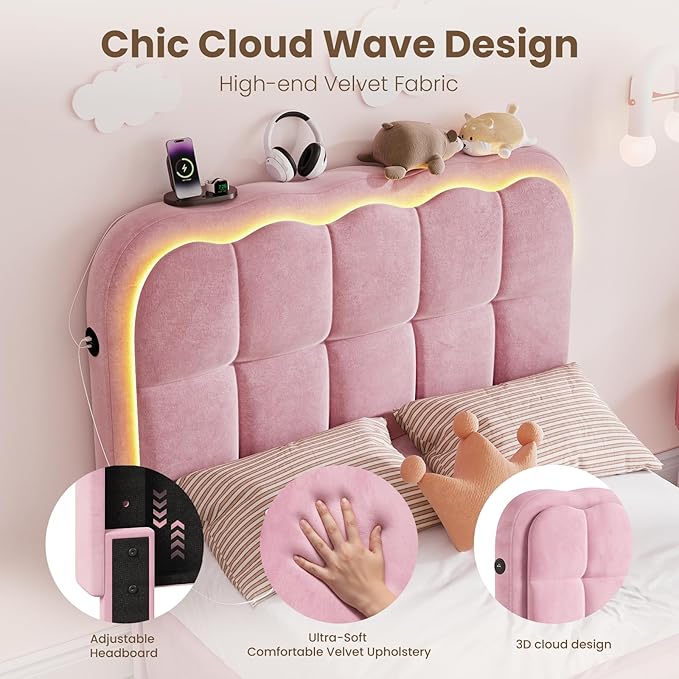 Twin Bed Frame with Storage Drawers and Headborad, Upholstered LED Twin Size Platform Bed Frame for Kids – Sturdy Metal Bed Frame Twin with Wood Slats Support, No Box Spring Needed, Pink