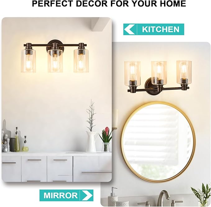 Bathroom Light Fixtures Wall Sconce Light with Clear Glass Oil Rubbed Bronze 3 Lights Bathroom Lighting Over Mirror Vanity Lights for Living Room,Bedroom,Restroom,Hallway E26 Base