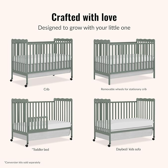 Dream On Me Carson Classic 3 in 1 Convertible Crib in Meadow Green, GreenGuard Gold & JPMA Certified Baby Crib, Comes with Locking Wheels, Coverts from Crib to Day Bed and Kids Sofa