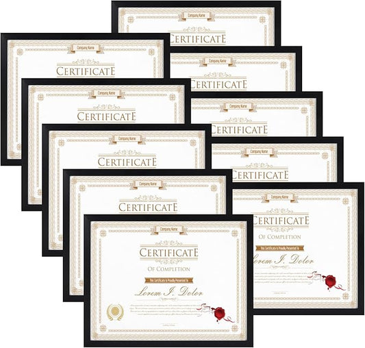 WIFTREY 8.5x11 Certificate Picture Frames Sets of 10, Multi 8.5 by 11 Document Diploma Photo Frame Bulk, Wall Hanging or Tabletop Display, Black