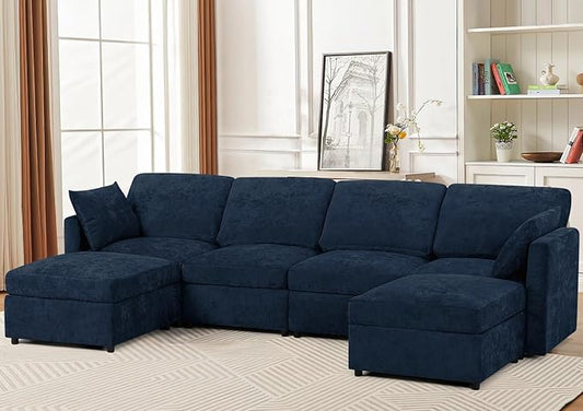 110” Chenille 4 Seats Sofa W/2 Movable Ottoman, Modern Fabric U-Shaped Couch with Soft Backrest, Upholstered Sectional Sofa with Armrest Pillows for Living Room, Office, Blue