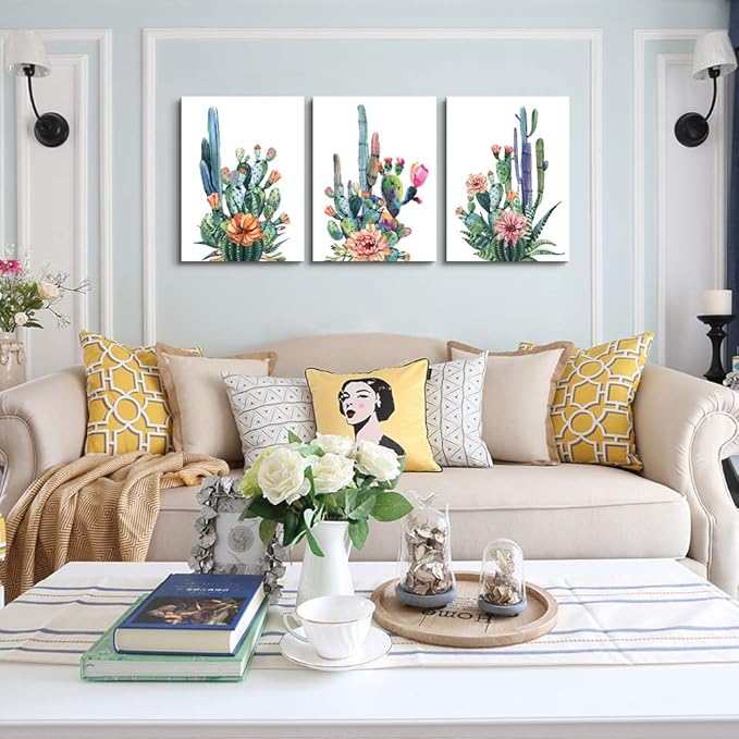 Wall Art for living room Canvas Prints Artwork bathroom Wall Decor Simple Life Green plants cactus Picture Watercolor painting 3 Pieces kitchen bedroom wall decorations Office Works Home Decoration