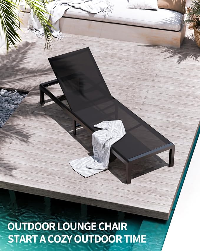 Aluminum Lounge Chairs Outdoor Chaise Furniture,2 Sets Patio Metal Deck Lounger Adjustable 5-Position Poolside Chase Recliner with Wheels for Beach,Coffee Table, (Black, 2 Chairs)