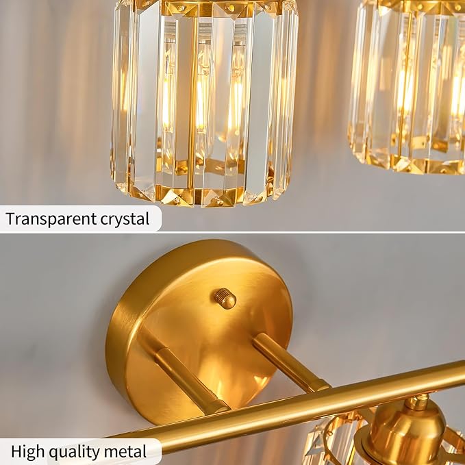Modern 2 Light Crystal Vanity Light, Brushed Gold Vertical Bathroom Light Fixture Over Mirror for Dressing Table Sink, Compatible with Dimmable Bulbs (Bulbs Not Included)