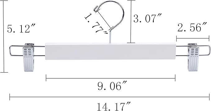 Amber Home 10 Pack 14.17" Solid White Wooden Pant Skirt Hangers, Bottom Hangers for Slacks Trousers Jeans with 2-Adjustable Anti-Rust Clips (White, 10 Pack)