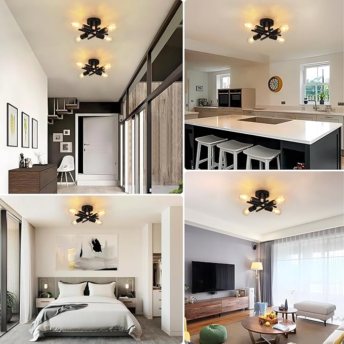 WILON Semi Flush Mount Ceiling Light Fixture, 4-Light Industrial Black Ceiling Light, Modern Sputnik Chandelier Small Ceiling Lamp for Kitchen Bedroom Living Room Dining Bathroom Laundry Hallway