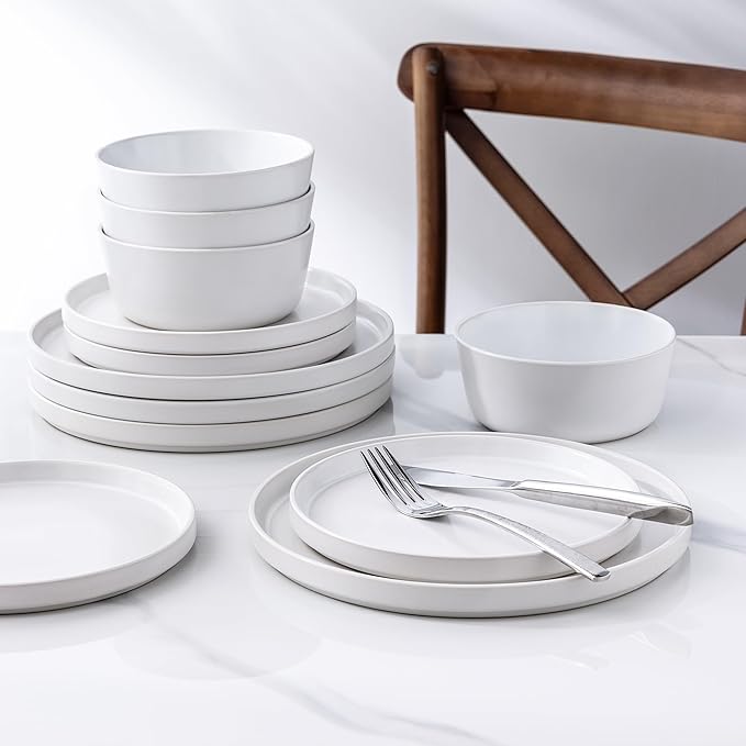 AmorArc Ceramic Dinnerware Sets for 6, Modern Flat Stoneware Plates and Bowls Sets,Chip and Crack Resistant | Dishwasher & Microwave Safe Dishes Set,Scratch Resistant- Service for 6 (18pc)-Matte White