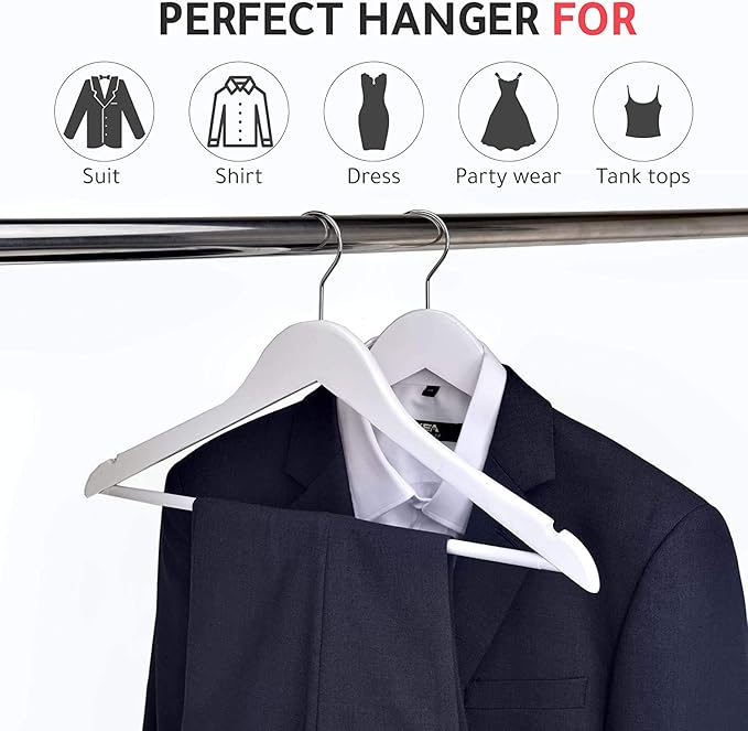30 Quality Wooden Hangers - Slightly Curved Hanger 30-Pack Sets - Solid Wood Coat Hangers with Stylish Chrome Hooks - Heavy-Duty Clothes, Jacket, Shirt, Pants, Suit Hangers (White, 30), 17.5 inch