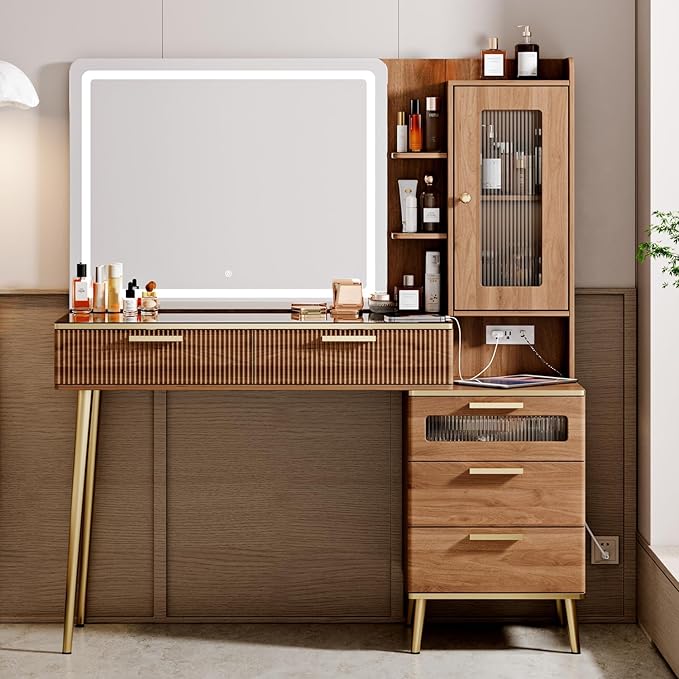 Vanity Desk with 29.53" HD Lighted Mirror, 47.24" Big Modern Vanity Desk with Mirror and Lights, Makeup Vanity with 5 Drawers and Storage Shelves and Charging Station,Brown