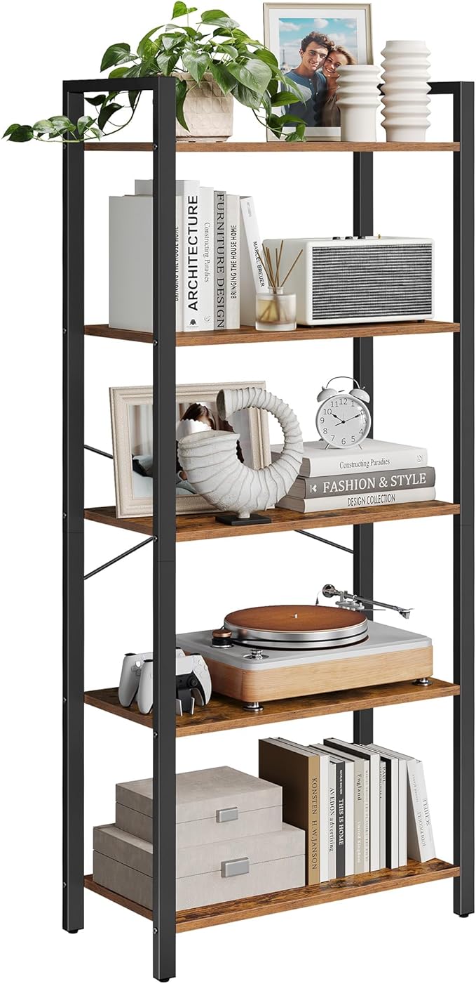 VASAGLE 5-Tier Bookshelf, Bookcase with Steel Frame, Book Shelf for Living Room, Home Office, Study, 11.8 x 26 x 60.2 Inches, Industrial Style, Rustic Brown and Ink Black ULLS061B01