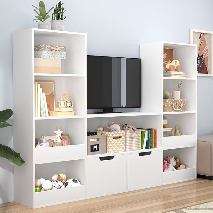 Toy Organizer and Nursery Bookshelf, 4-Tier Wooden Kids Bookcase with Storage Bins, Playroom Storage Rack for Toys and Books, Toy Storage Organizer for Playroom, Nursery, Classroom, White