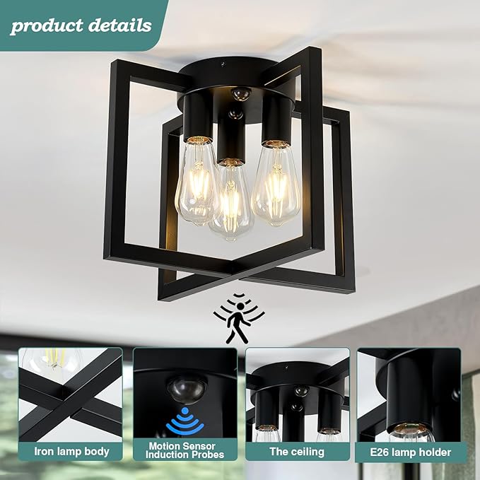 ZGLAOJT Motion Sensor Ceiling Light Fixture 3-Lights Semi Flush Mount Ceiling Light Black Industrial Indoor Chandelierfor Kitchen Living Room Bedroom Farmhouse Hallway Foyer