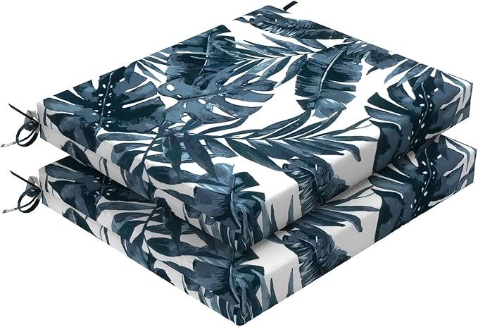 Set of 2 Outdoor Square Chair Cushions 18.5"x16"x2" for Patio, Water Resistant Patio Dining Seat Pads Replacement for Kitchen Garden and Outdoor Furniture Decoration - Palm Blue