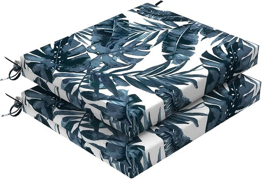 Set of 2 Outdoor Square Chair Cushions 18.5"x16"x2" for Patio, Water Resistant Patio Dining Seat Pads Replacement for Kitchen Garden and Outdoor Furniture Decoration - Palm Blue