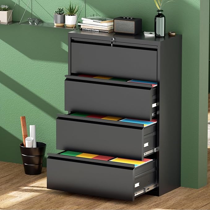 Greenvelly 4 Drawer Lateral File Cabinet with Lock, Black Locking Lateral Filing Cabinet with Drawers, Office Metal File Cabinets for Legal Letter Size with Keys and Hanging Frame