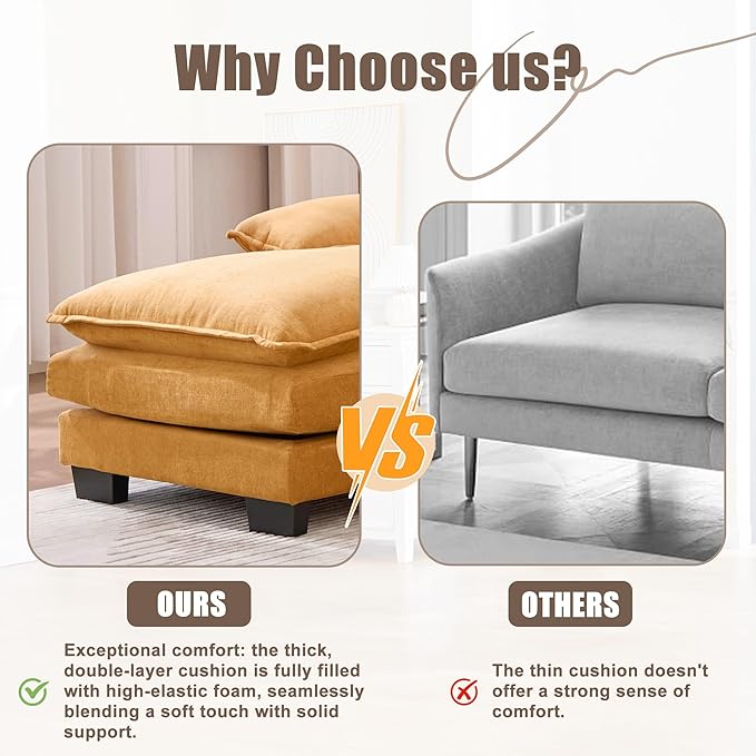 KEIKI 108" U-Shaped Chenille Modular Sectional Chenille Sofa with 2 Movable Ottoman & Pillows & 2 Side Pocket, Oversized 4-Seater Couch with Memory Foam Cushion, Easy Assembly, for Living Room, Yellow