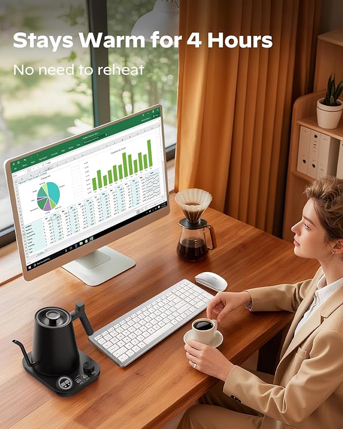 Silonn Electric Gooseneck Kettle - ±1°F Precise Temp Control, 0.9L 304 Stainless Steel | 4-Hour 212°F Keep Warm, 7 Presets & LED Brew Timer for Pour-Over Coffee