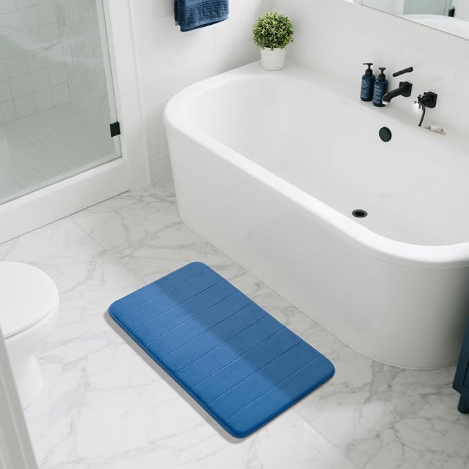 Yimobra Large Bath Mat 36"x24", Super Soft Quick Dry Memory Foam Bathroom Rug, Water Absorbent, Non Slip Backing Machine Washable for Tub Shower, Thick Comfort Support, Blue