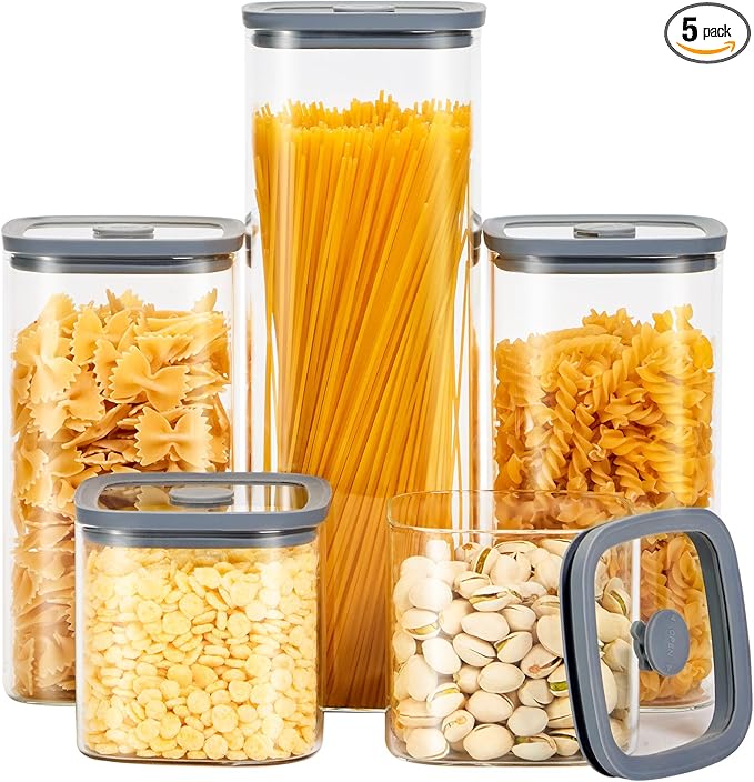 Square Glass Food Storage Jars with Lids[Set of 5], Perfect for Pasta, Cookies, Nuts, Coffee, Cereal, Flour,Organize Your Kitchen with these BPA-Free Glass Jars with Silicone Lids
