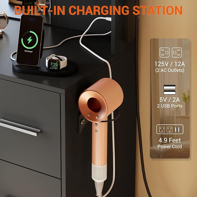 Hetoy Vanity Desk with Mirror and Lights - Makeup Vanity Desk with Chair - Dressing Table with 7 Drawers and Hair Dryer Rack for Bedroom