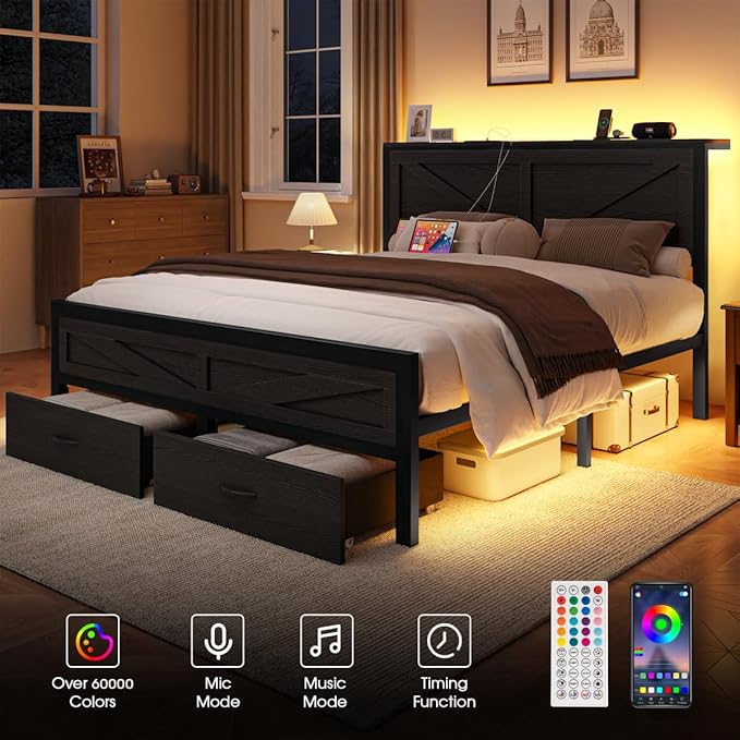Rustic King Size Bed Frame with Storage Drawers and Barn Door Headboard, Farmhouse LED King Bed Frame with Charging Station, Metal Industrial Platform Bed Frames, No Box Spring Needed, Black