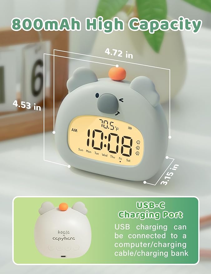 Koala Relaxation Alarm Clock, Forest Night Light, USB-C Fast Charge, 3 Alarms & Timer, Mindfulness Bedroom Decor Gift for Boys, Girls, Tenns