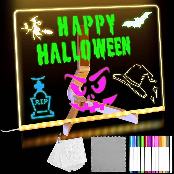 LED Acrylic Message Board, Light Up Acrylic Dry Erase Board 7.9x7.9” with Stand, LED Note Board with Colors for Kids, Glow Memo Message Writing Board with Light, Drawing Stencils Set Included