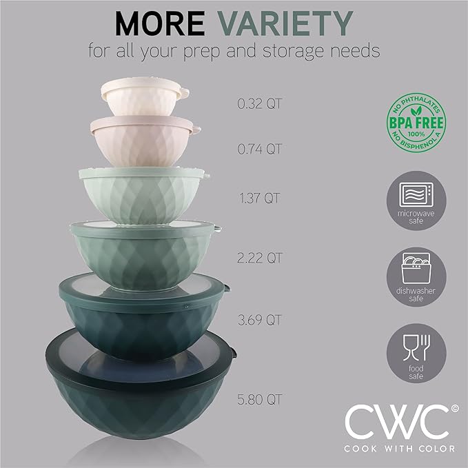 COOK WITH COLOR Mixing Bowls with Lids - 12 Piece Plastic Nesting Bowls Set includes 6 Prep Bowls and 6 Lids, Diamond Design - Microwave Safe (Mint)