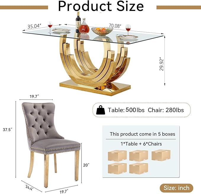 7 Piece Dining Table Set with 6 Grey Dining Chairs, Modern Glass Kitchen Table and Chairs Set for 6, 70" Rectangle Gold Glass Pedestal Dining Room Tables with Ring-Shape Stainless Steel Base