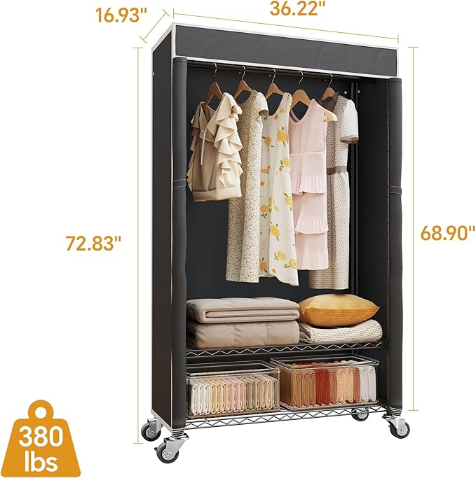H4 Garment Rack with Cover, Rolling Heavy Duty Clothes Rack, Wardrobe Closet Organizer and Storage, Portable Closet for Hanging Clothes, Black Clothing Rack Shelf with Black Fabric Cover