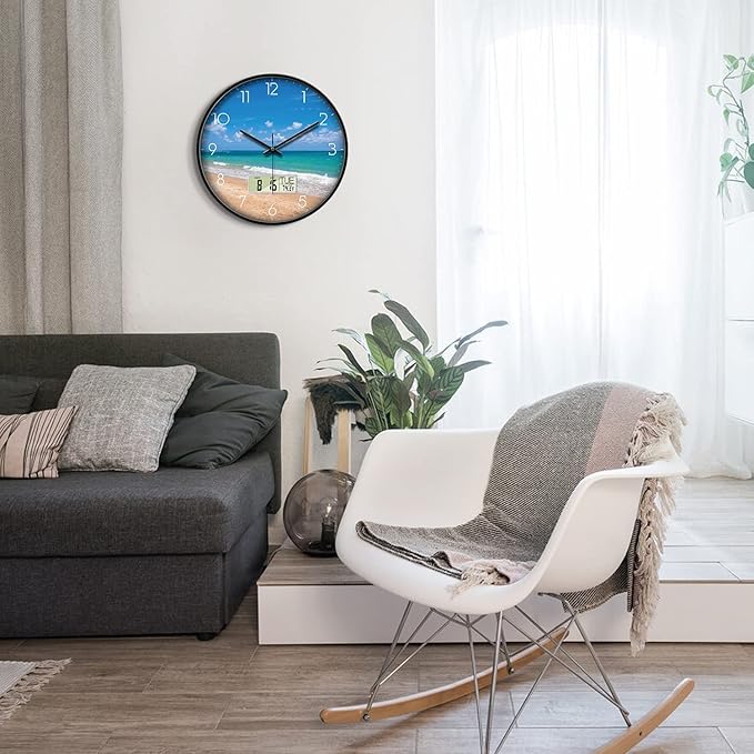 Modern Wall Clocks with Calendar and Date Ocean Wave Sea Beach Digital Clock Large Display Non-Ticking Kitchen Silent Clock with Day and Temperature for Elderly Farmhouse Living Room Bathroom 14 Inch