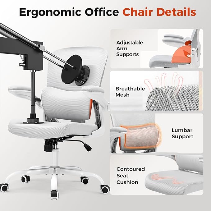 GTRACING Office Chair Ergonomic Desk Chair with 3D Adaptive Lumbar Support, High Back Home Mesh Chair with Flip-Up Arms, Swivel Rolling Computer Seating for Long Desk Work (Gray)