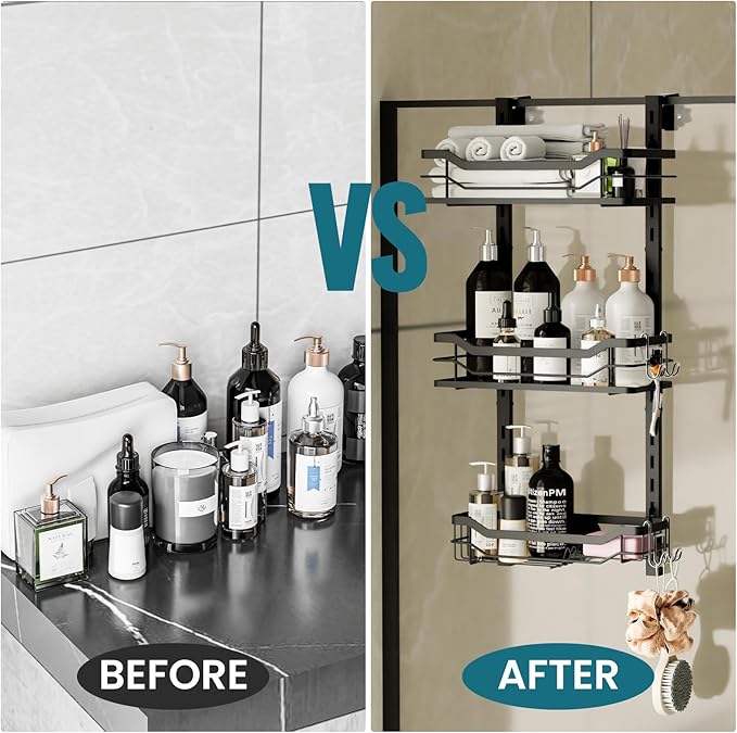 TAILI Hanging Shower Caddy Over The Door Adjustable Hanging Organizer Rack with Hooks, Sturdy Rust Proof Shower Organizer Shelf Basket Storage Rack, No Drilling