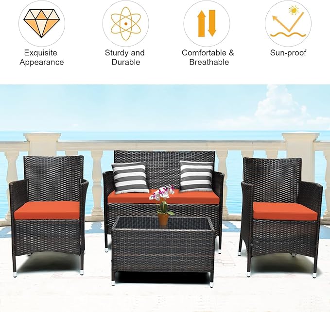 Tangkula 4 Pieces Patio Rattan Conversation Set, Outdoor Wicker Furniture with Tempered Glass Coffee Table & Thick Cushion, Rattan Chair Wicker Set for Garden, Lawn, Poolside and Backyard (1, Orange)